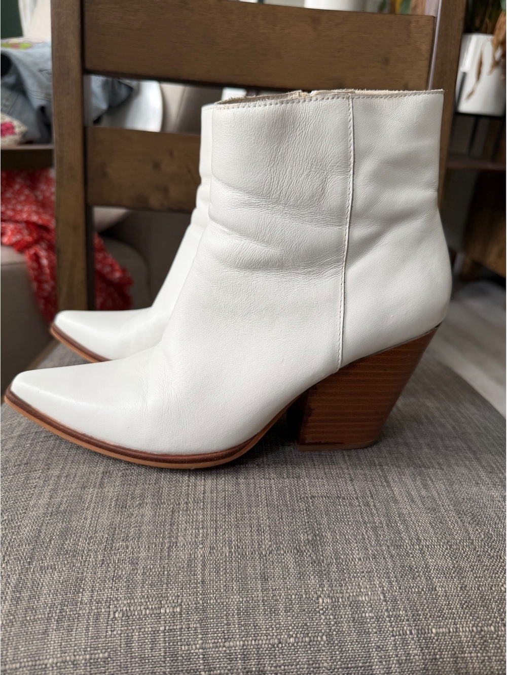 Jeffrey Campbell White Leather Ankle Boots with Wooden Block Heel